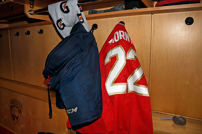 Shawn Thornton #22 of the Florida Panthers hung his jersey in his locker after his final NHL game.